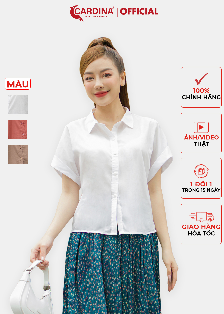 Áo Sơ Mi Nữ CARDINA Chất Thô Tơ Cao Cấp Áo Cổ Đức Tay Liền Trẻ Trung Thanh Lịch 3AF08