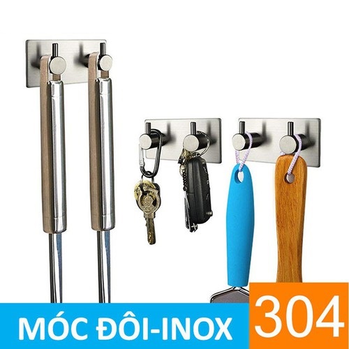 Móc treo đồ 2 móc dán tường inox 304 siêu dính - tặng kèm móc treo khăn