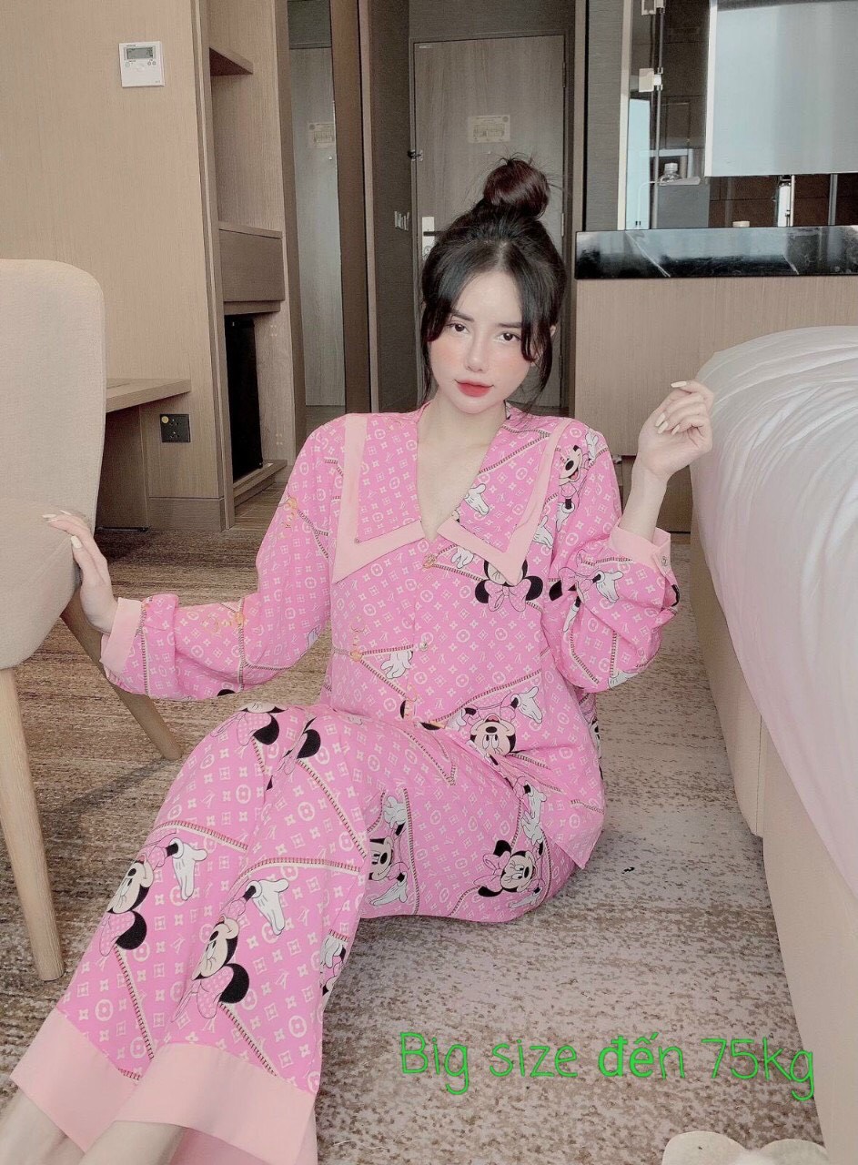 (BIGSIZE DƯỚI 75KG) Đồ bộ nữ pijama lụa mango cổ nhọn 2 lá mềm mại ngủ mặc nhà tiểu thư tay dài quần dài