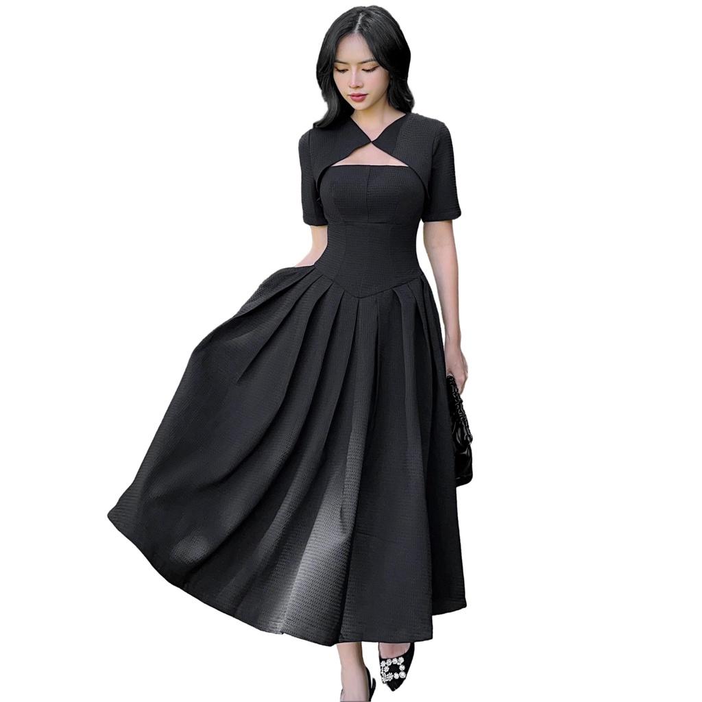 RECHIC Đầm dài Maline kiểu tay ngắn cổ cách điệu dáng váy xoè xếp ly sang trọng thanh lịch phù hợp đi tiệc dạo phố