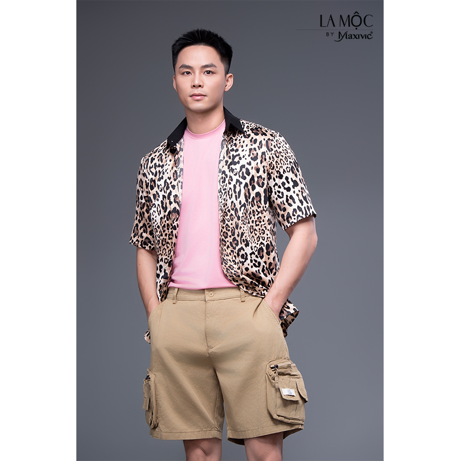 Áo sơ mi beo lụa cát phối cổ đen