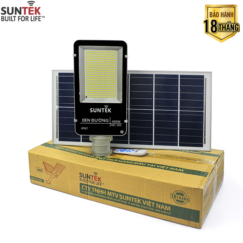 Đèn Đường Năng Lượng Mặt Trời SUNTEK Solar Street Light RD-400 400W - Sáng suốt đêm (12h liên tục) | Tự động Bật/Tắt | Điều khiển Từ xa | Chống Nước/Bụi/Va đập/Sét - Hàng Chính Hãng - Bảo hành 18 tháng