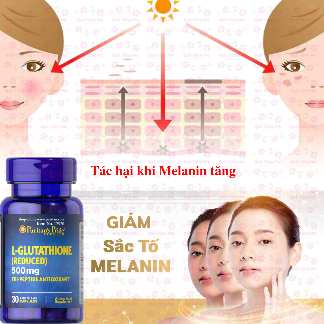 Trắng da Glutathione Puritan’s Pride L-Glutathione 500mg Hỗ trợ trắng da, Giảm nám, tàn nhang, Thải độc , Tăng hệ miễn dịch - QuaTangMe Extaste