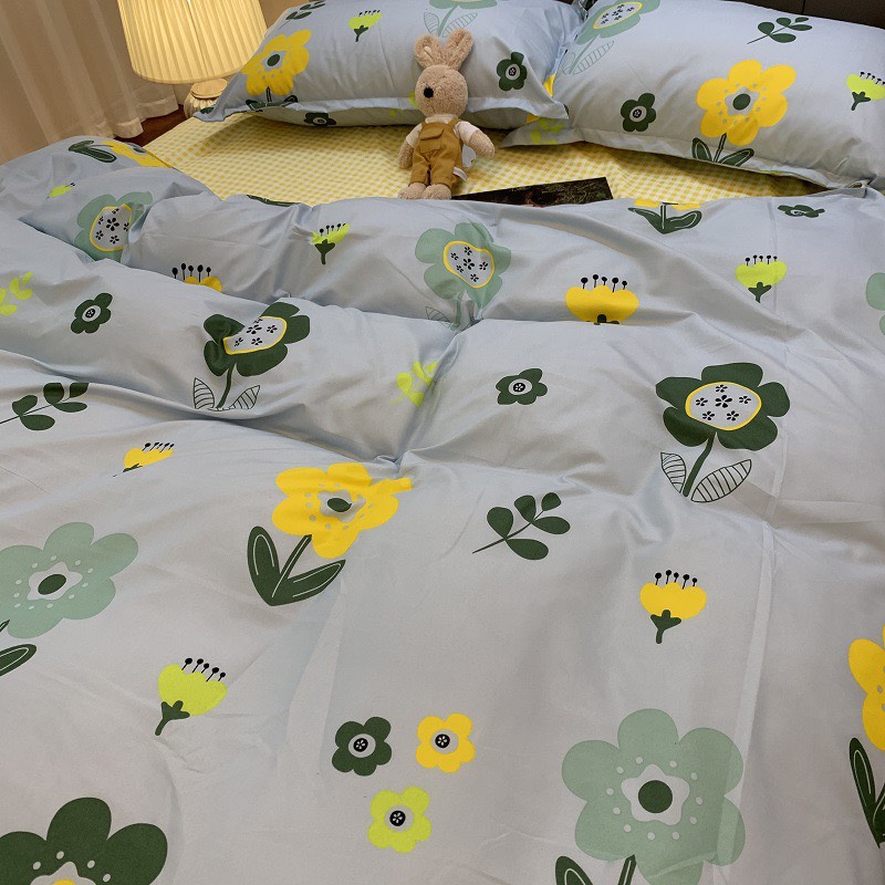 Bộ chăn ga gối cotton PL1 - Hoa Xanh - TẶNG 01 MÓC KHÓA HOUSTON