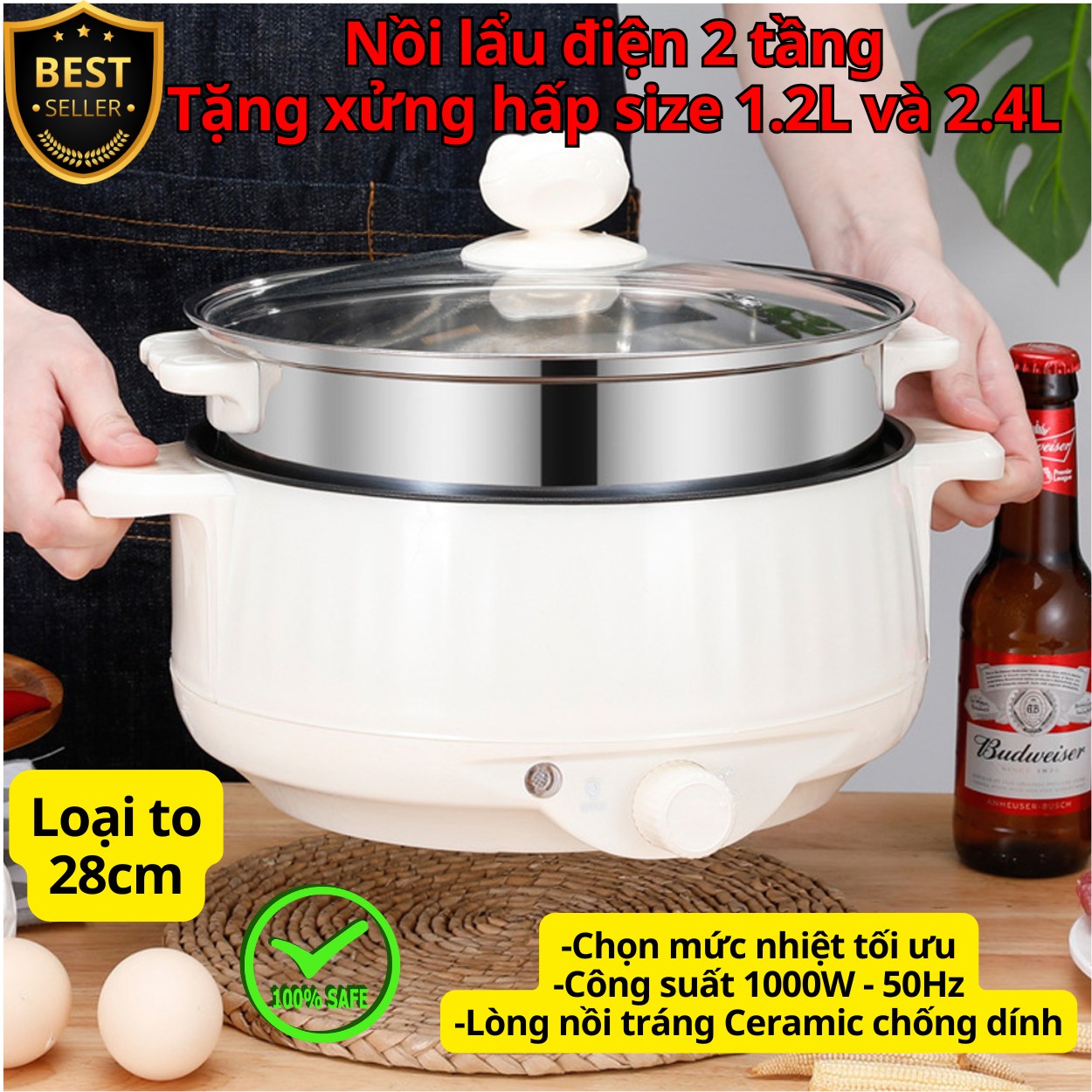 [Tặng Xửng Hấp Inox] Nồi lẩu điện đa năng 28cm, chống dính vân đá cao cấp công suất 1000W tiện dụng 3 nấc nhiệt D Danido