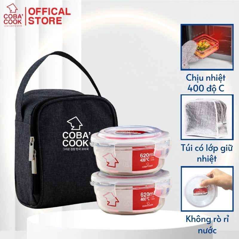 Bộ 2 hộp đựng cơm, trữ thức ăn chịu nhiệt COBA'COOK có 2 hộp tròn 620ml và 1 túi giữ nhiệt - CCR62BS