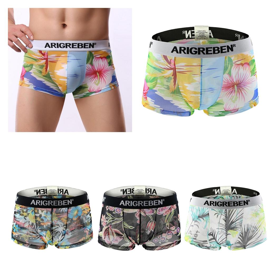 Mens Sexy Sheer Mesh Net Underwear Boxer Briefs Flower Underpants