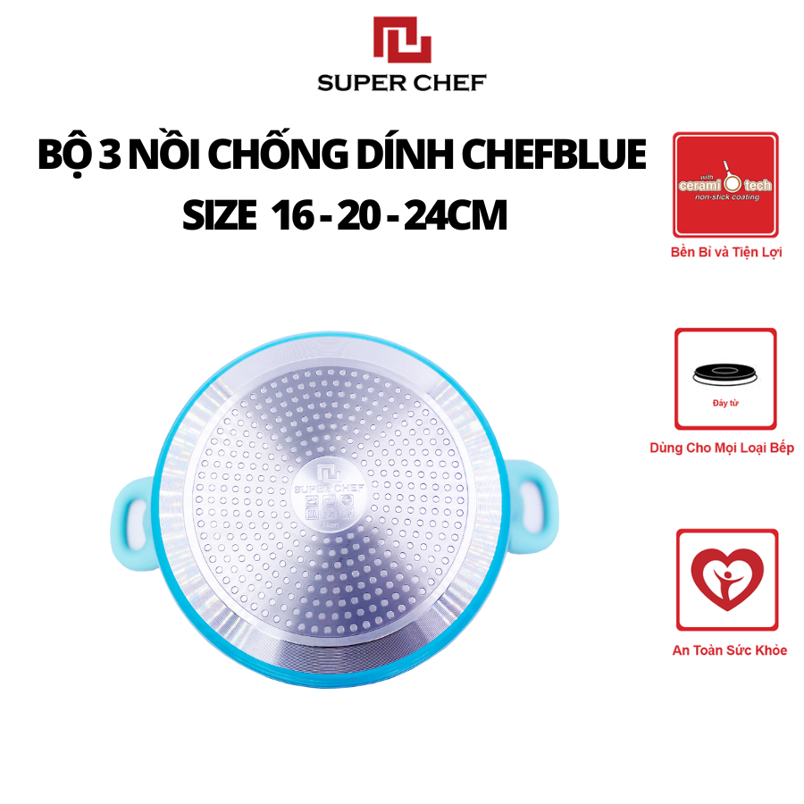 Bộ Nồi Chống Dính Ceramic Chef Blue Đáy Từ Cao Cấp, Kèm Nắp Kính