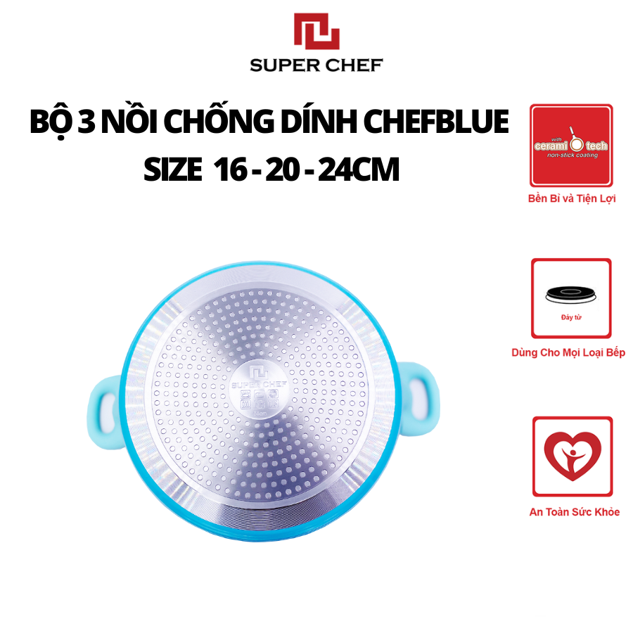 Bộ Nồi Chống Dính Ceramic Chef Blue Đáy Từ Cao Cấp, Kèm Nắp Kính (16-20-24cm)