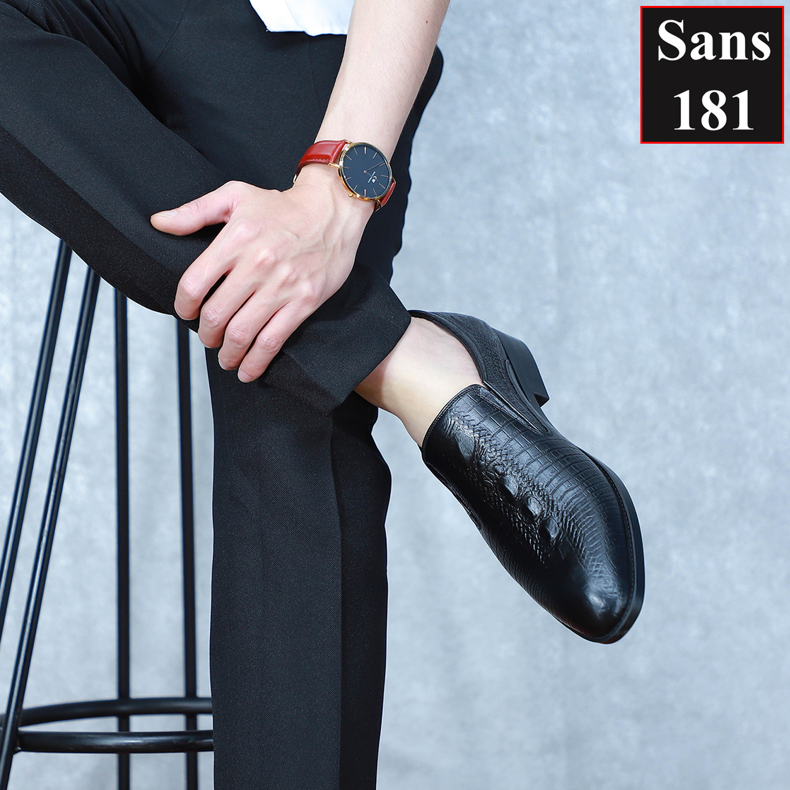 Giày Lười Da Bò Giày Tăng Chiều Cao 6cm Giầy Da Dập Vân Cá Sấu Sans181