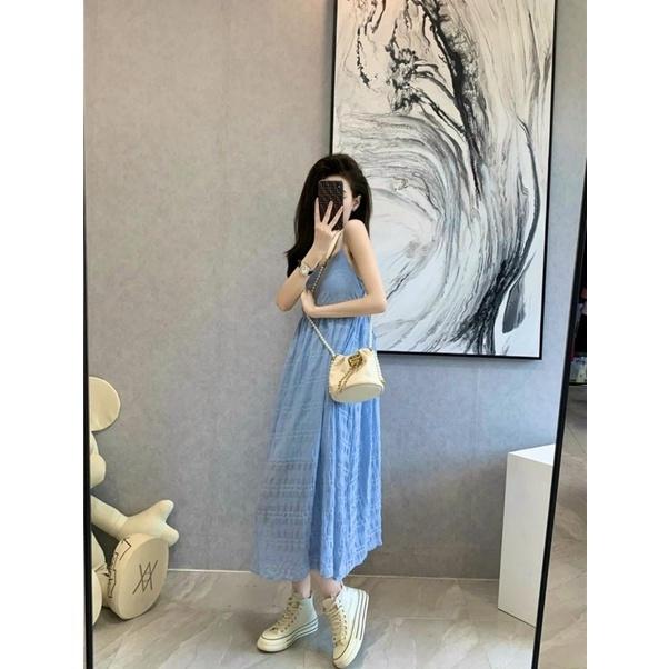 Đầm 2 dây màu xanh dương dáng xòe, Đầm maxi 2 dây dài Cao Cấp đính nút ngực, nữ tính quyến rũ MiNhi