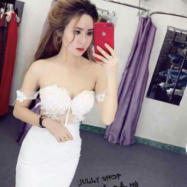 Đầm body cúp ngực bẹt vai thêu