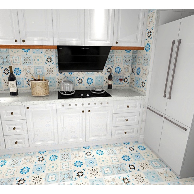 Decal Giấy Dán Nền Sàn Nhà Trang Trí Nhà Cửa GẠCH HOA XANH HS2009 Có Keo Sẵn Khổ 60cm, GIÁ BÁN 1 MÉT DÀI