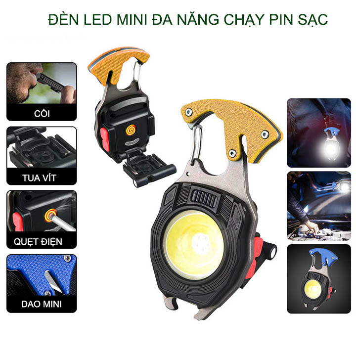 Đèn led mini kiêm móc khóa, tua vít, còi, quẹt điện, mở nắp chai đa năng dùng pin sạc