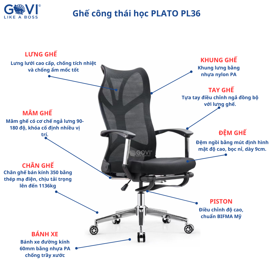 Ghế công thái học Ergonomic GOVI PL36 - Thiết kế gác chân, ngả cố định nhiều vị trí