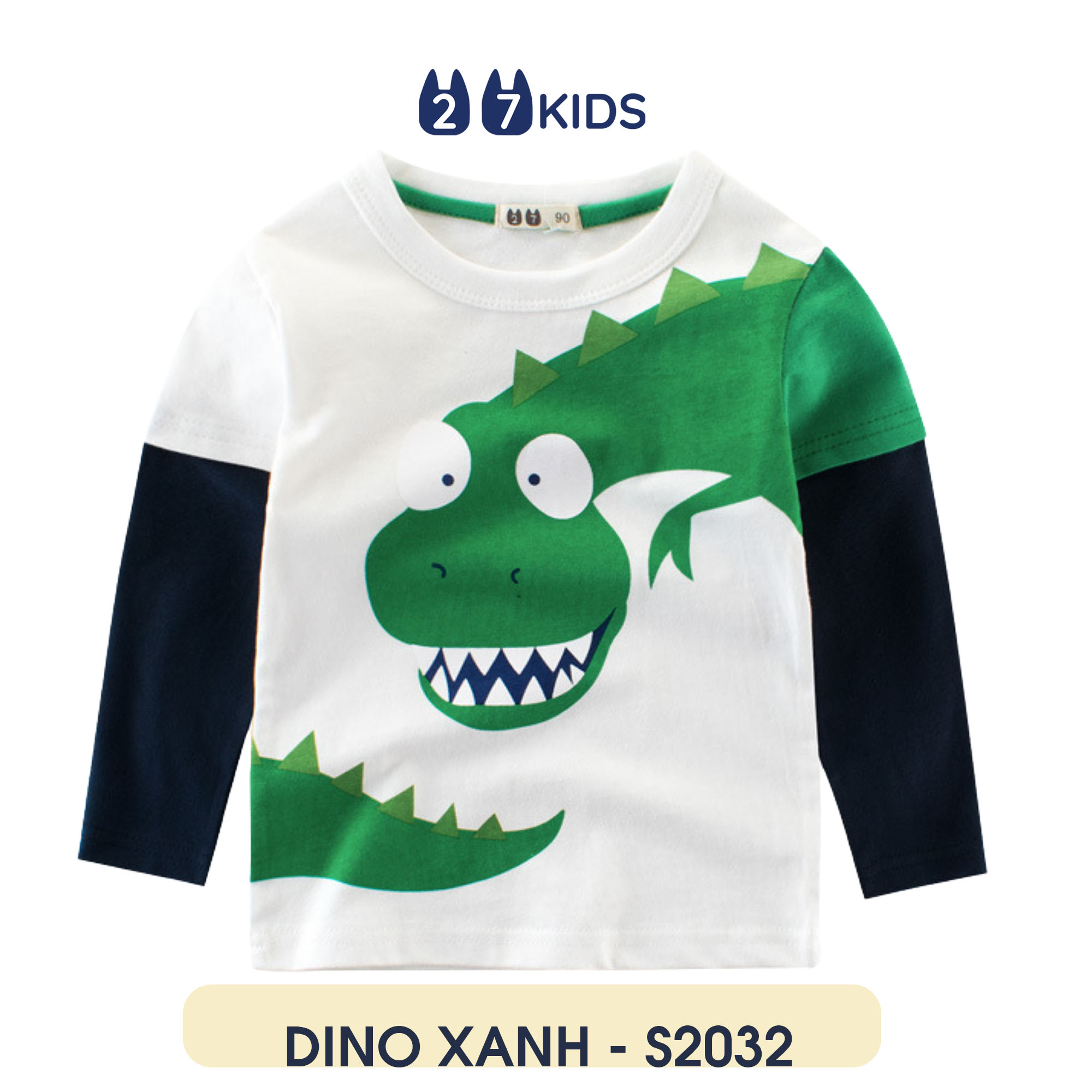 Áo thun dài tay bé trai 27KIDS áo cho bé họa tiết khủng long chất cotton 100% S2032