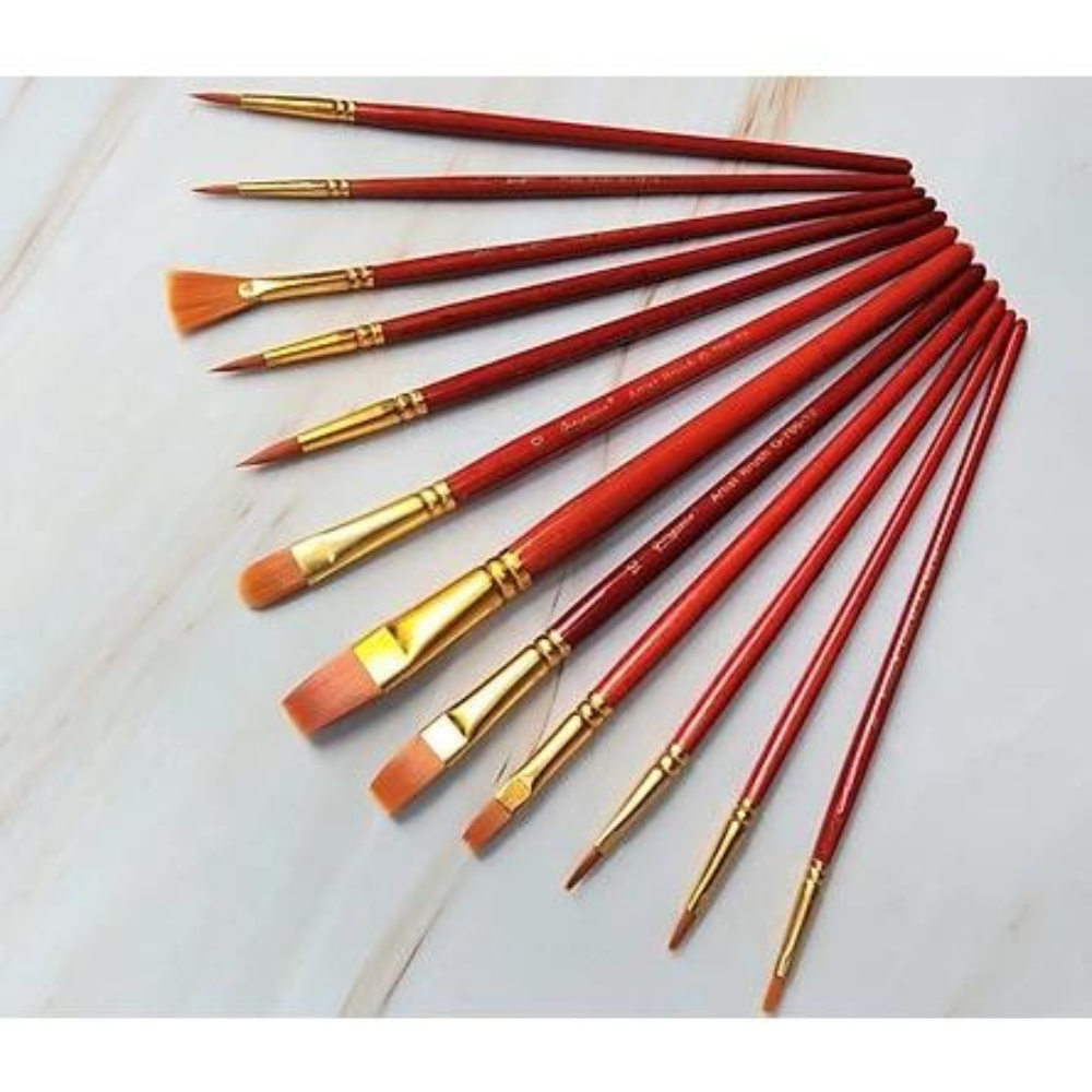 Bộ Cọ 12 Cây Chuyên Dụng Giorgione Tô Vẽ Tranh Sơn Dầu, Màu Nước, Màu Acrylic - Thân Đỏ