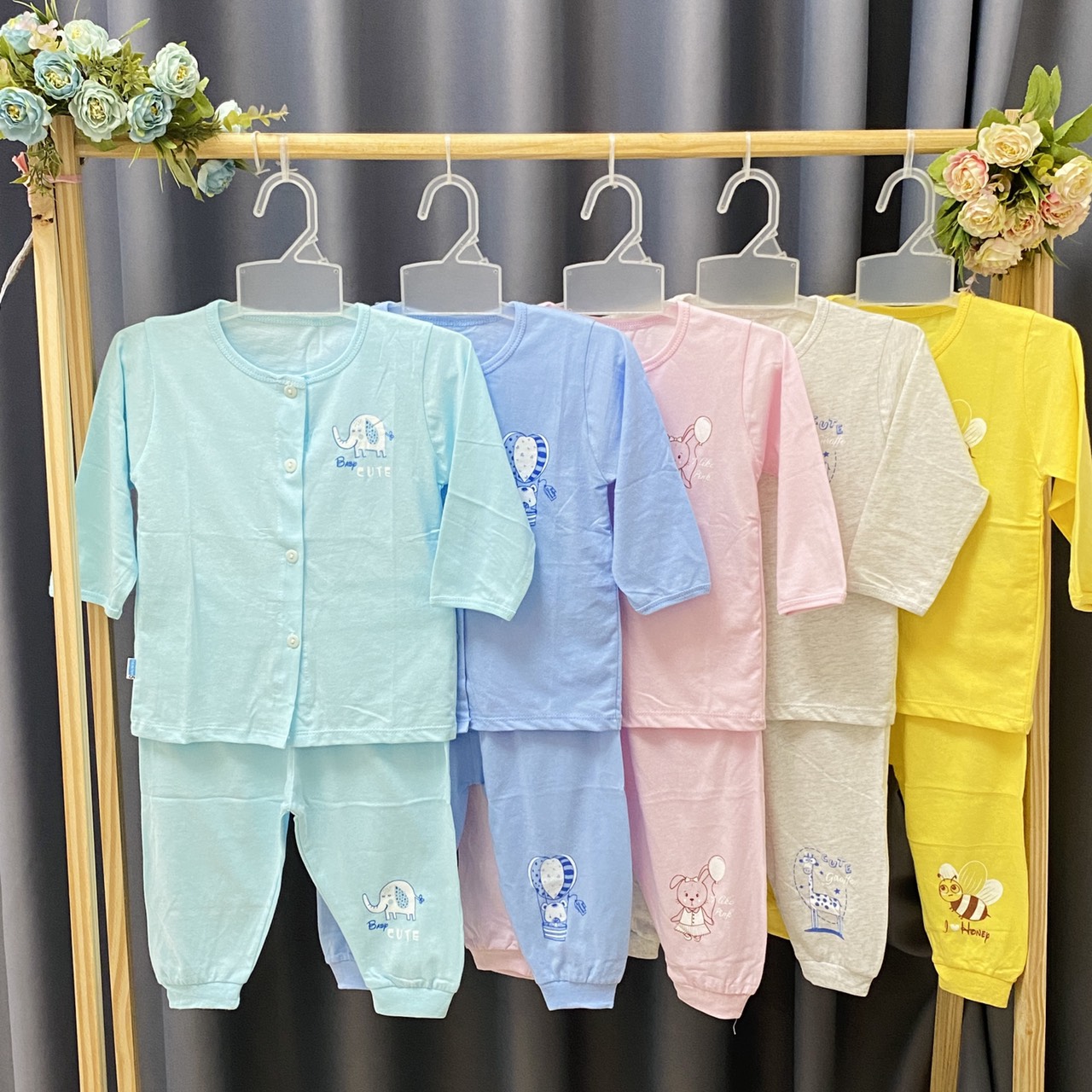 Combo 3 Bộ áo quần sơ sinh cotton Thái Hà Thịnh | Mẫu Tay Dài Cài Nút Giữa | Size 1,2,3,4,5 cho bé sơ sinh -12kg| Chất vải mềm, mịn, đẹp