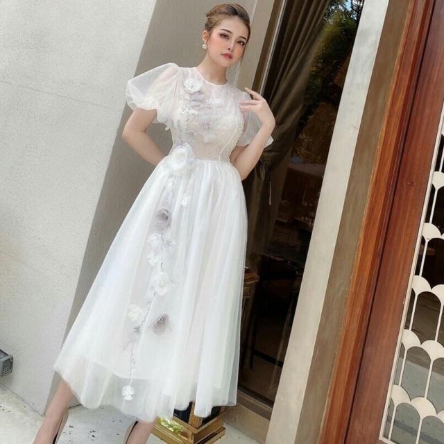 Đầm xoè tay phồng kết hoa nổi và cườm Hạt Siêu Xinh - MS195VMM MM