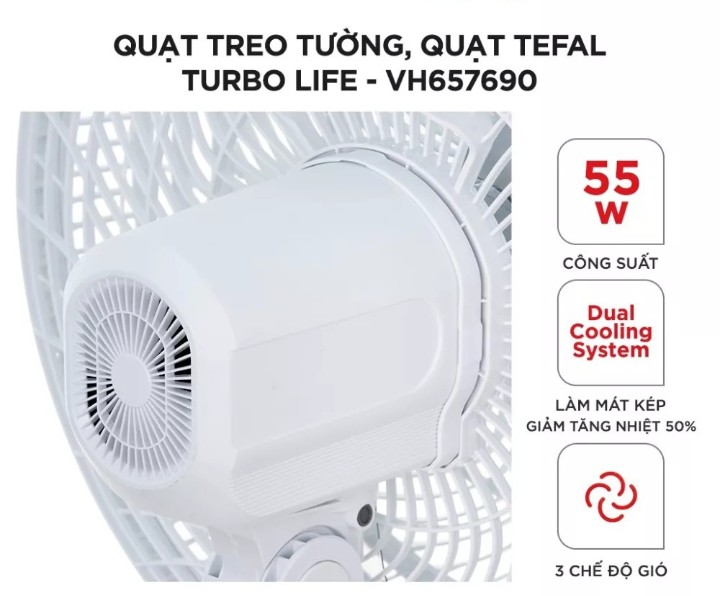 Quạt treo tường, quạt Tefal Turbo Life VH657690 - 55W, 3 chế độ gió- hàng chính hãng