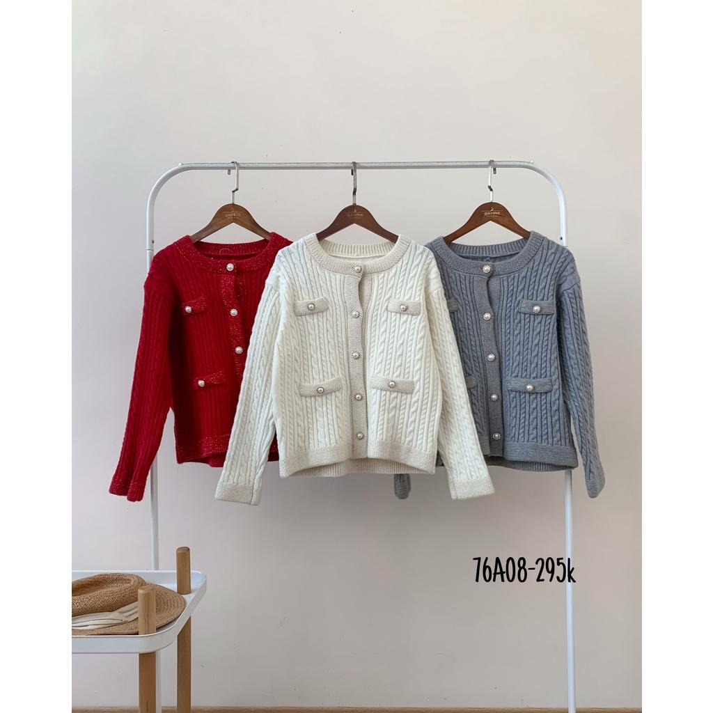 Áo khoác len cardigan nữ vặn thừng cơi ngực 2 túi khuy hoa nhũ 76a08 by germe