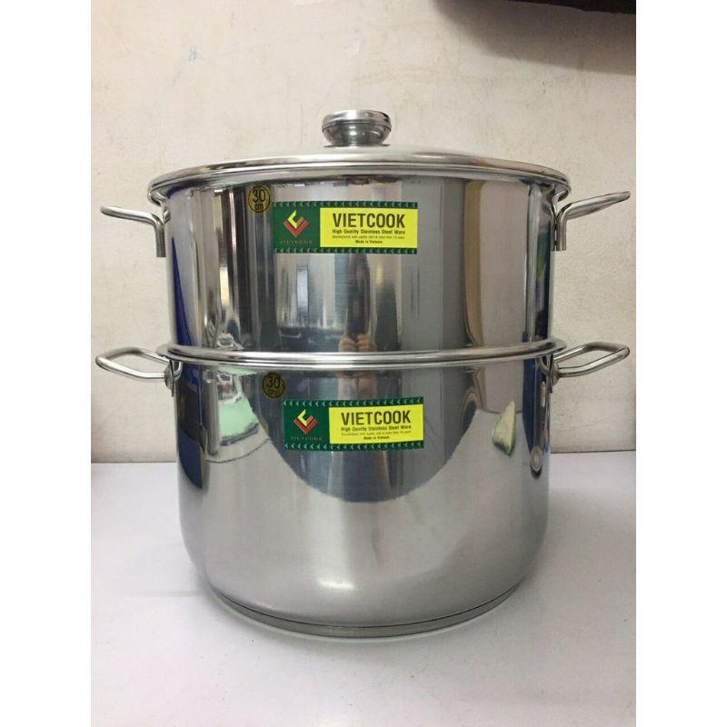 Bộ nồi xửng hấp inox ,xửng hấp inox 2 tầng 3 đáy nắp kính,nắp inox VietCook đun bếp từ size 32/chõ hấp đồ xôi