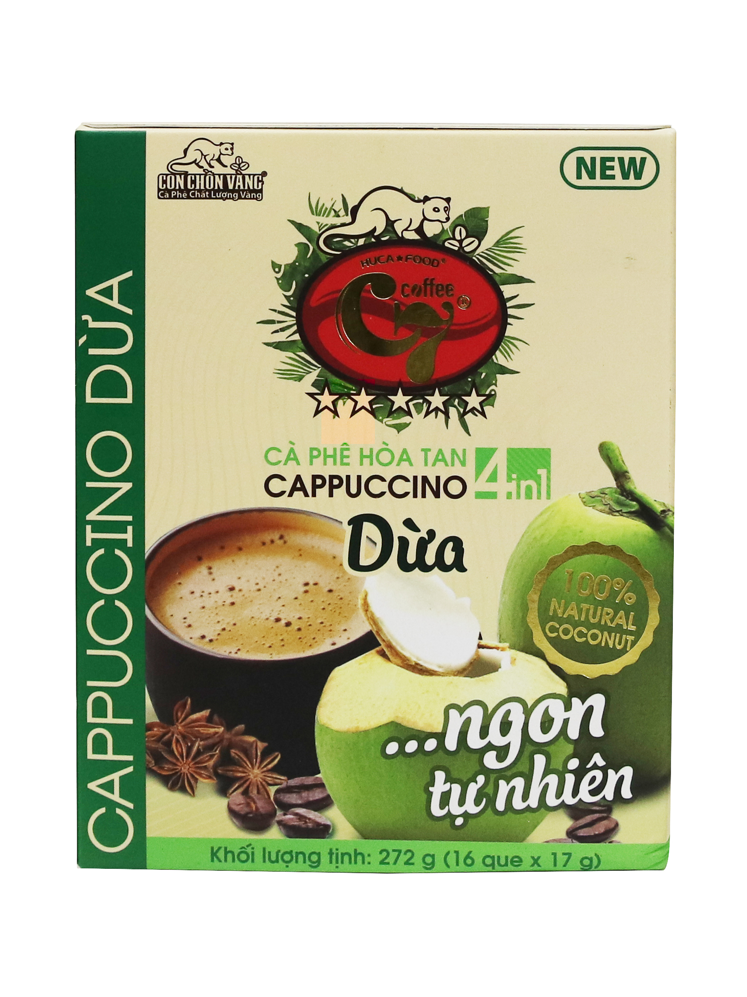 Cà Phê Dừa Hòa Tan 4in1 Cappuccino Con Chồn Vàng - Hộp 16 Gói