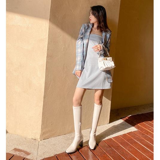 Bốt Đùi Trắng Đế Đen Khóa Cạnh Cao 7Cm Ôm Cổ Chân B021