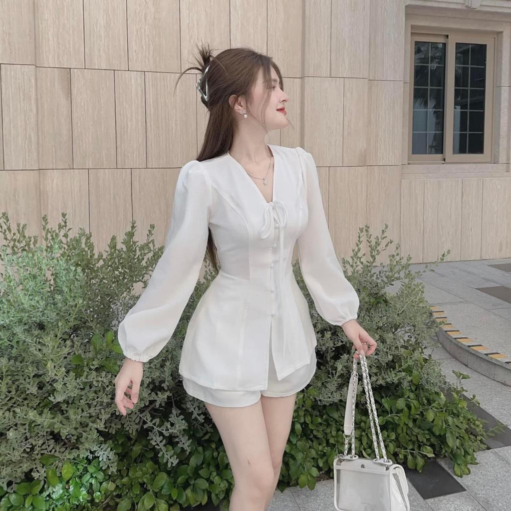 Set Bộ Đùi Cotton lạnh thời trang nữ tay dài mặc đi chơi cổ V tiểu thư cột dây tay phồng màu trắng