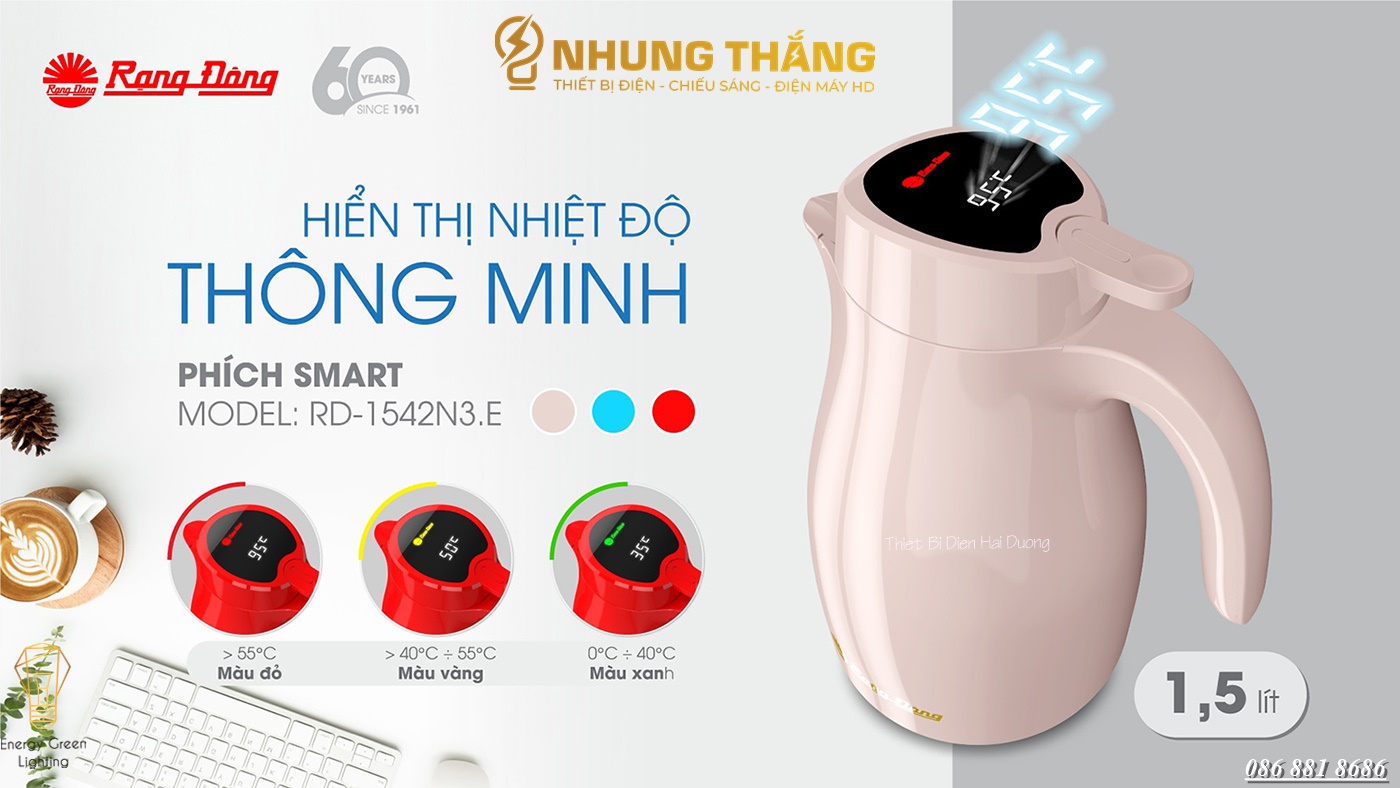 Phích Giữ Nhiệt Rạng Đông 1542N3.E - Dung Tích 1.5L - Hiển Thị Nhiệt Độ Thông Minh - Màu Random- Có Video