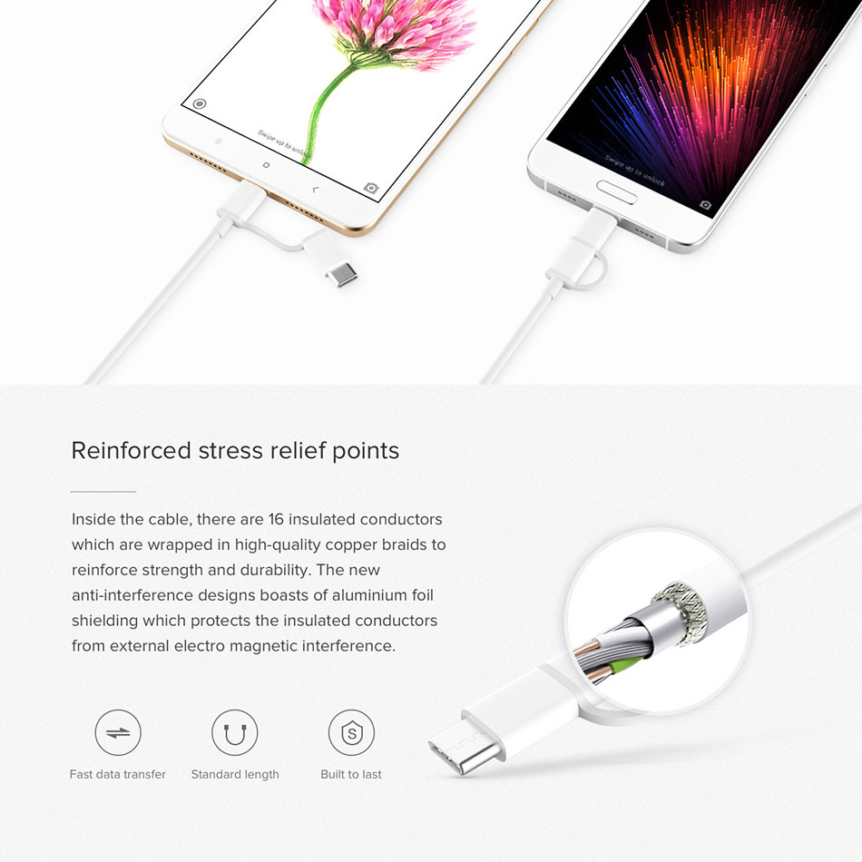 Dây sạc Xiaomi 2 trong 1 Micro Usb và type C 1m SJX02ZM  tích hợp 2 đầu sạc khác nhau - Hàng nhập khẩu