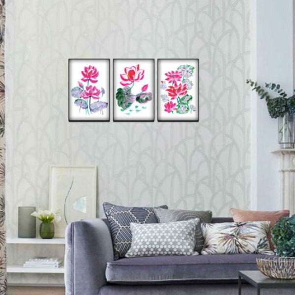 Bộ 3 Tranh Canvas Viền Composite Trang Trí Phòng Khách "Hoa Sen" W216