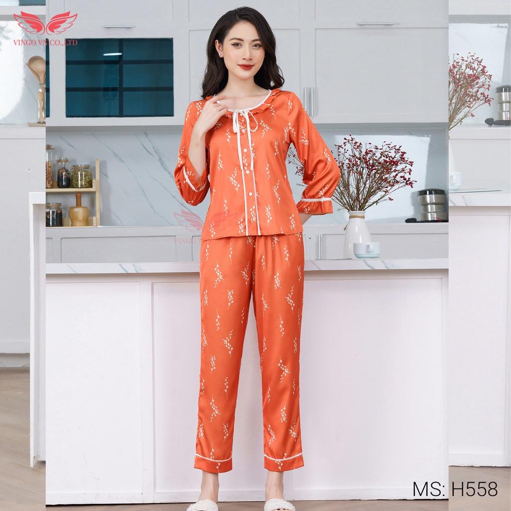 Bộ Đồ Ngủ Pyjama Nữ Mặc Nhà VINGO Lụa Pháp Cao Cấp Tay Lỡ Phối Nơ Quần Dài Thu Đông Họa Tiết Hoa Trắng Xanh H558 VNGO