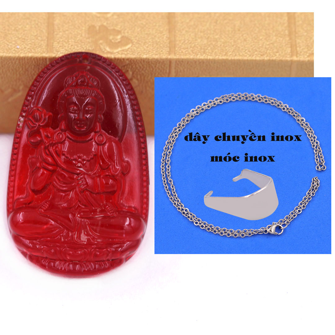 Mặt Phật Đại thế chí 5 cm  pha lê đỏ kèm móc và dây chuyền inox, Mặt Phật bản mệnh
