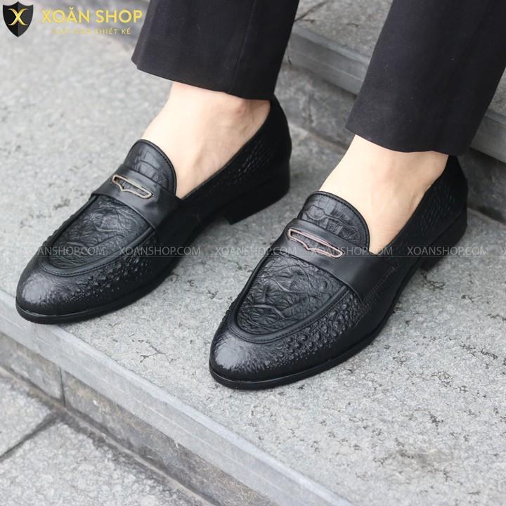 Giày Lười Da Nam DA ềm Dập Vân Cá Sấu - Đế Cao su Đúc Nguyên Khối - Mã X091-3 Màu Đen