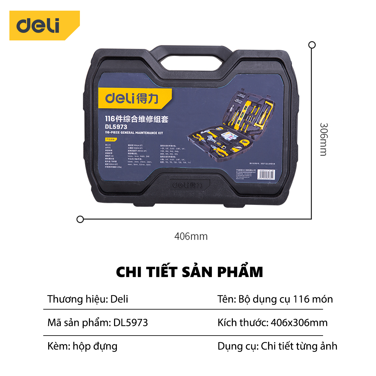 Bộ Dụng Cụ Sửa Chữa Đa Năng 116 Chi Tiết Deli Cao Cấp Chính Hãng - Sử Dụng Nhiều Mục Đích, An Toàn, TIện Lợi - DL5973