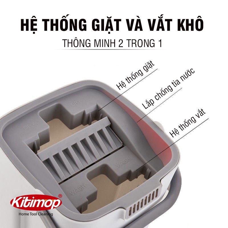 Bộ lau nhà Kitimop-C6 Plus có thùng lau nhà 2 ngăn tự vắt, chổi lau nhà 360 độ lau sạch khô nhanh, tặng 2 bông lau