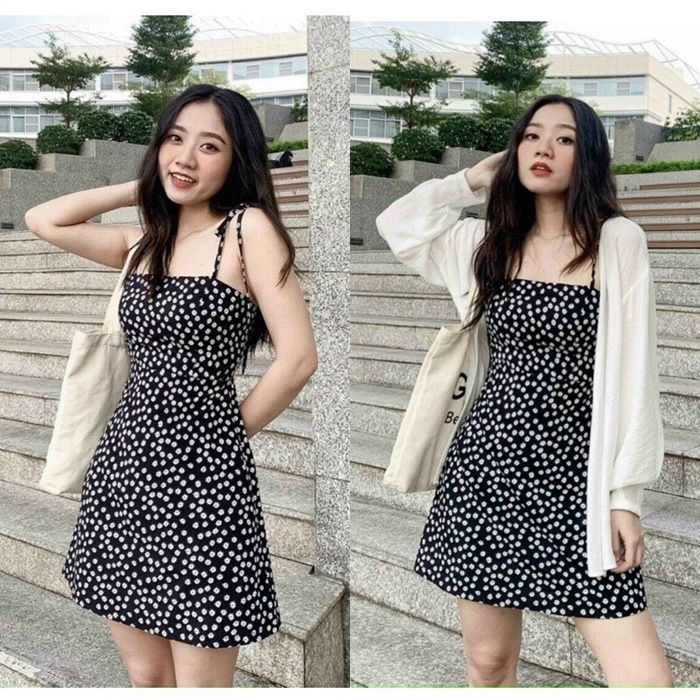 ĐẦM ĐEN HOA FLORAL HAI DÂY SUÔNG CỔ U ĐI BIỂN DẠO PHỐ DỰ TIỆC