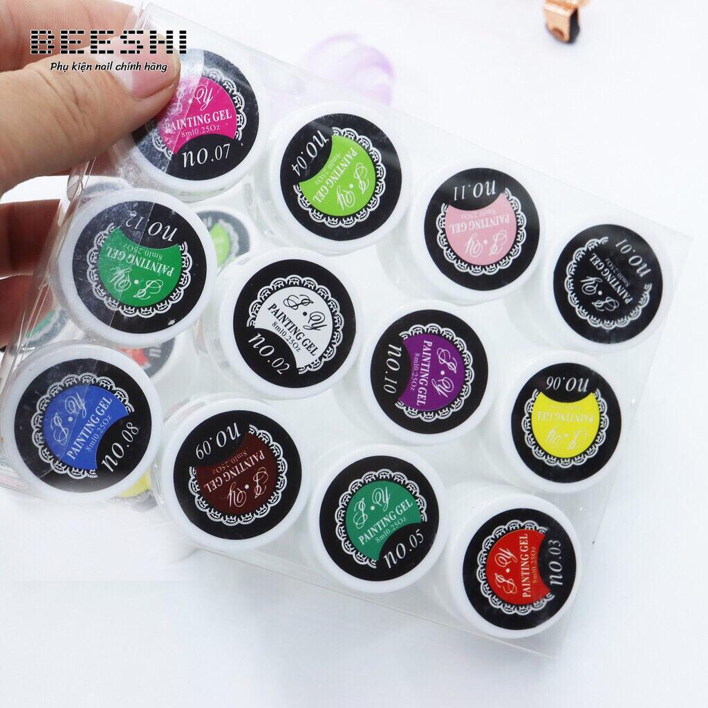 set gel vẽ hoạt hình 12 hũ vẽ móng nail vẽ cọ bản tròn - beeshi shop nail