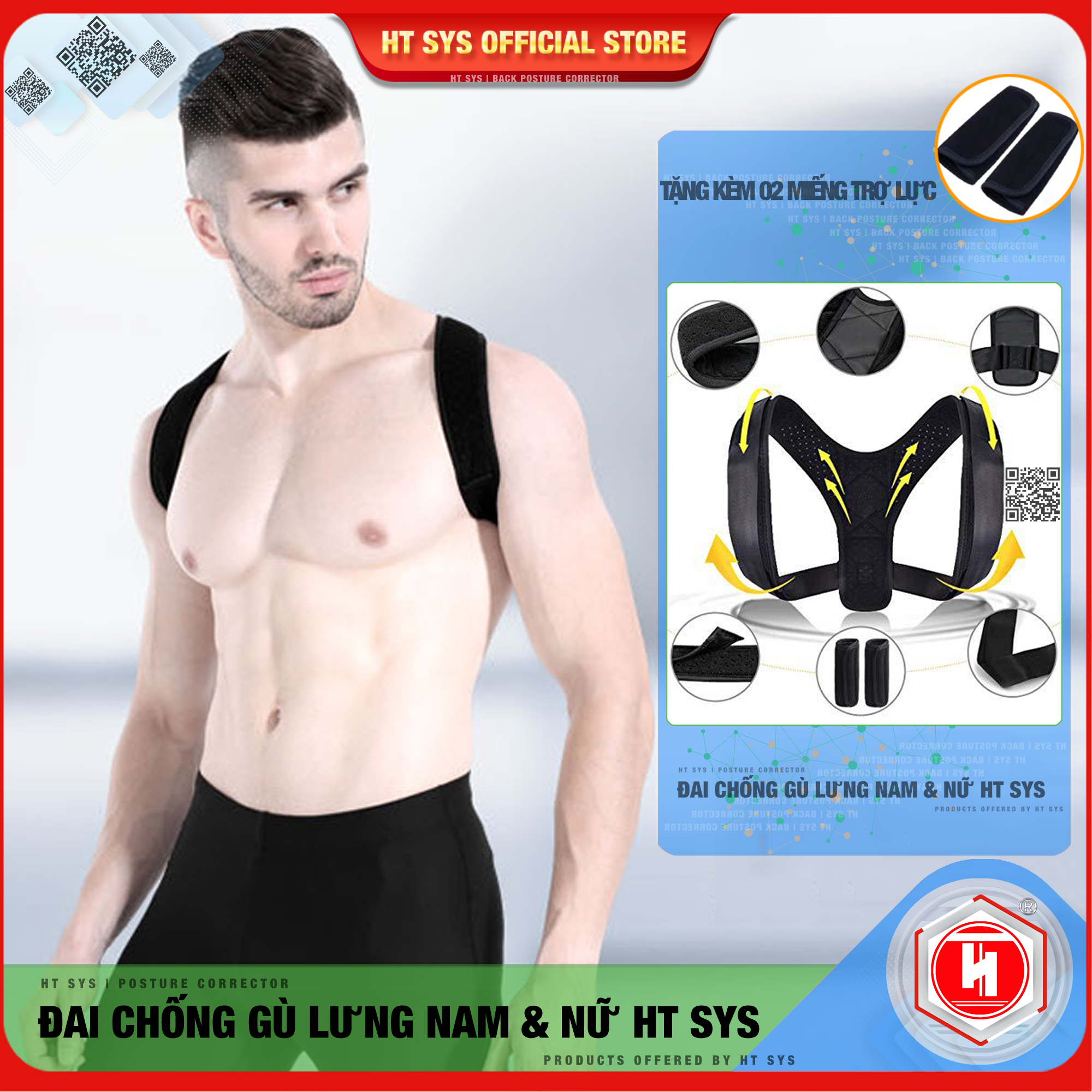 Đai Chống Gù và Định Hình Lưng cao cấp HT SYS Back Posture Corrector - HTBPC01/HTBPC02 - Giúp định hình lại dáng đứng, tư thế ngồi, hỗ trợ làm giảm tình trạng gù lưng, vẹo cột sống