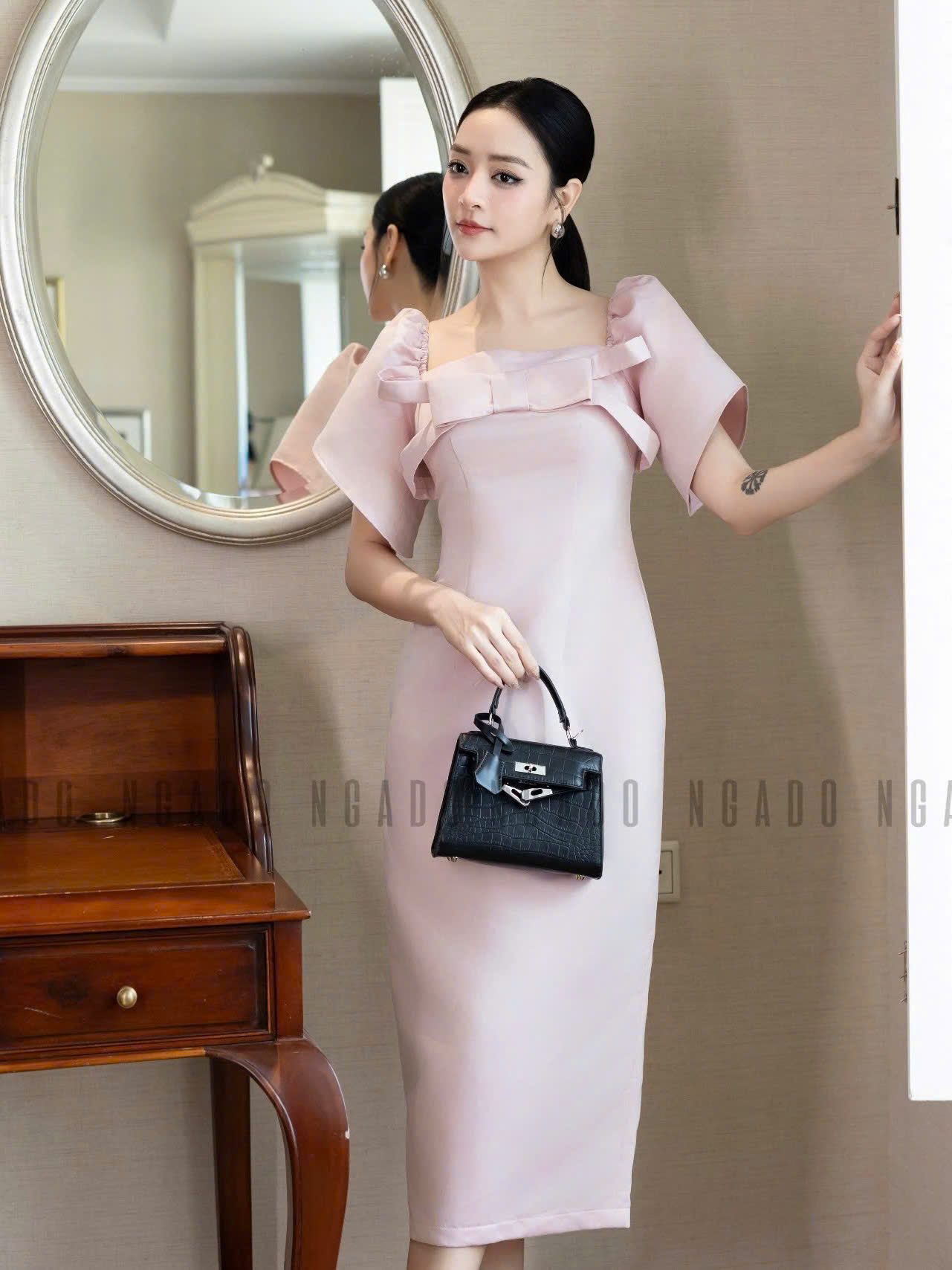 Đầm hồng cổ vuông tay phồng NGADO , đầm dự tiệc , đầm sang trọng