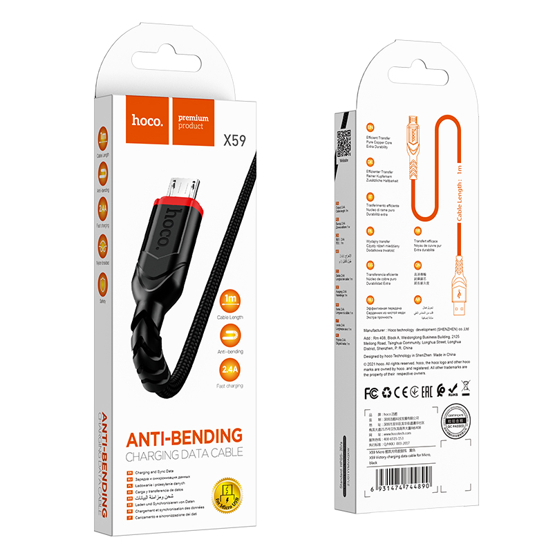 Cáp sạc nhanh 2.4A Hoco X59 chân Micro dây Nylon siêu bền dài 1M cho Android - Hàng chính hãng