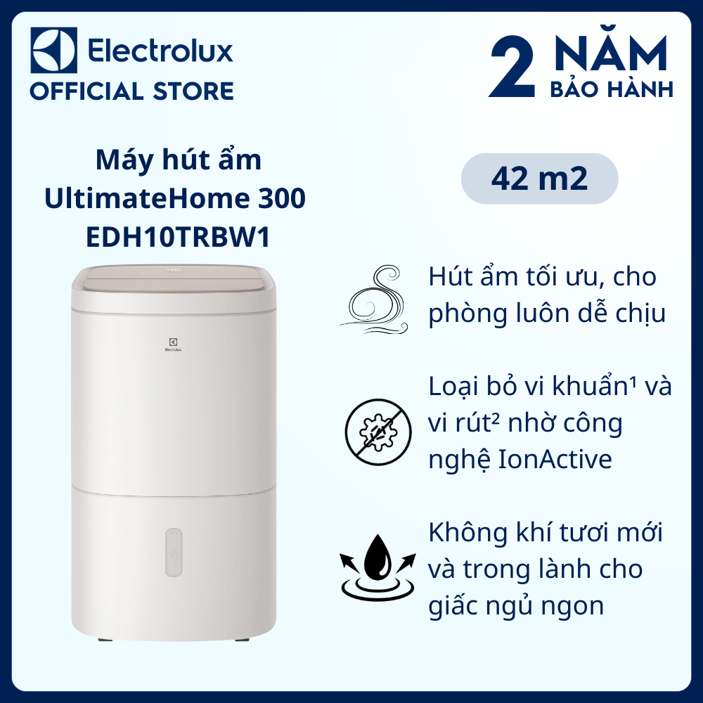 Máy hút ẩm Electrolux UltimateHome 300 20L EDH10TRBW1 cho phòng 42m²,Hút ẩm tối ưu, Loại bỏ vi khuẩn¹ và vi rút² [Hàng chính hãng]