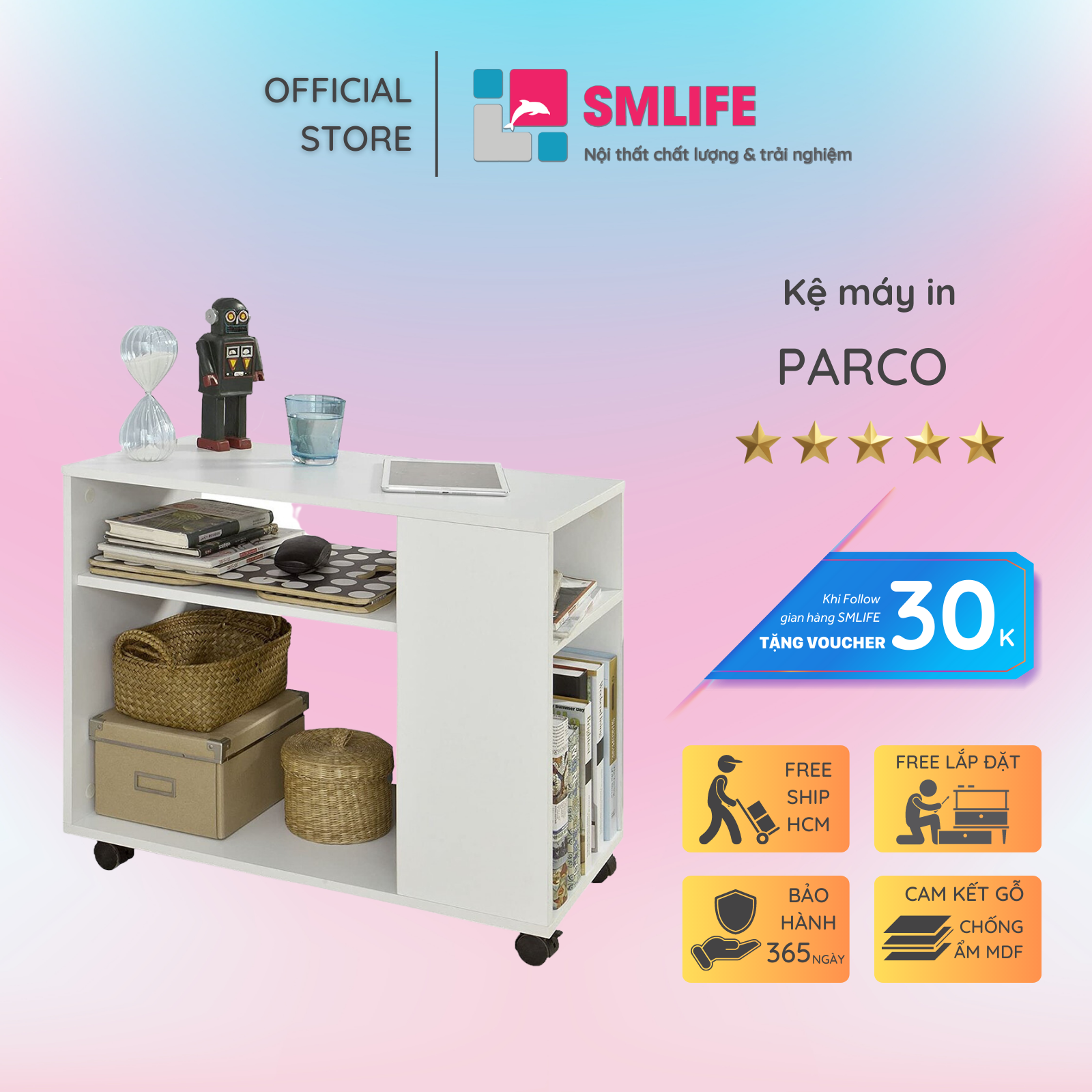 Kệ để máy in gỗ hiện đại SMLIFE Parco | Gỗ MDF dày 17mm chống ẩm | D70xR35xC60cm