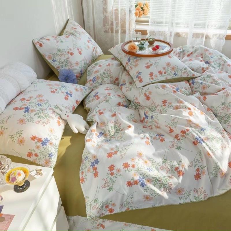 Set Chăn Ga Gối Côtton Living 100%cotton Hàng Nhập Khẩu Cao Cấp 4 Món Hoa Trắng Ga Xanh