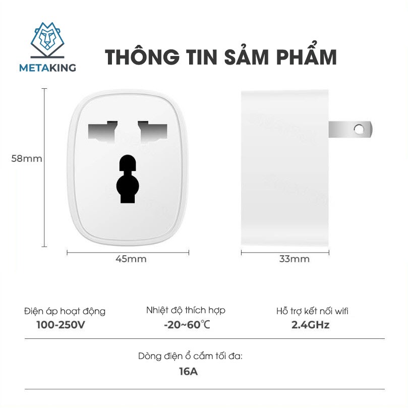 Ổ Cắm Điện Wifi Thông Minh 16A, 3500W - Chức Năng Hẹn Giờ, Điều Khiển Từ Xa, Đo Điện Năng Tiêu Thụ, Google &amp; Alexa