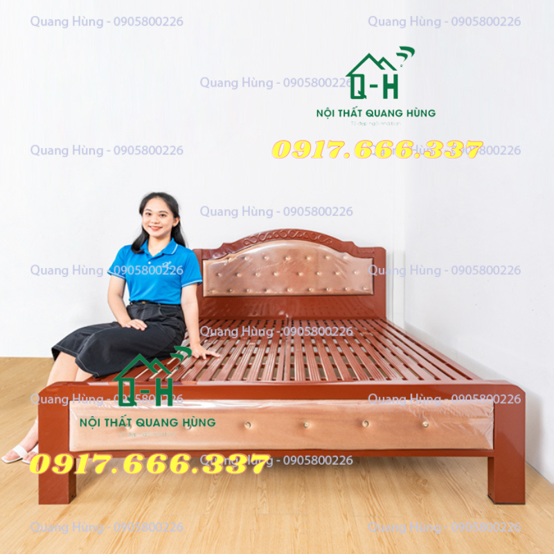 GIƯỜNG SẮT HỘP 5X10 CÓ LỚP NỆM BỌC 2 ĐẦU MÀU NÂU DÀNH CHO GIA ĐÌNH