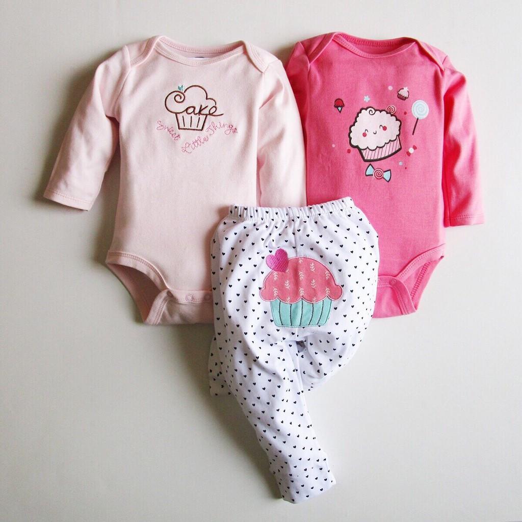 Set 3 body suit beliti dài tay xuất dư cho bé trai và bé gái 0-12 tháng