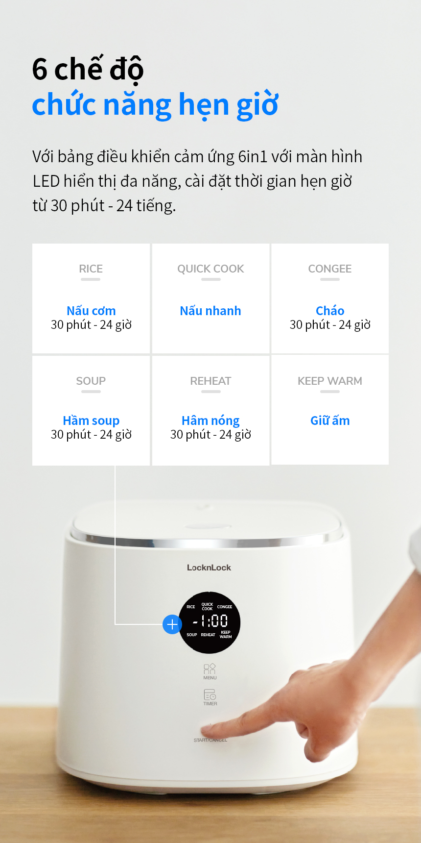 Nồi cơm điện LocknLock 1.2L Bianco EJR384IVY, Hàng chính hãng, đa chế độ nấu, bảng điều khiển cảm ứng - JoyMall