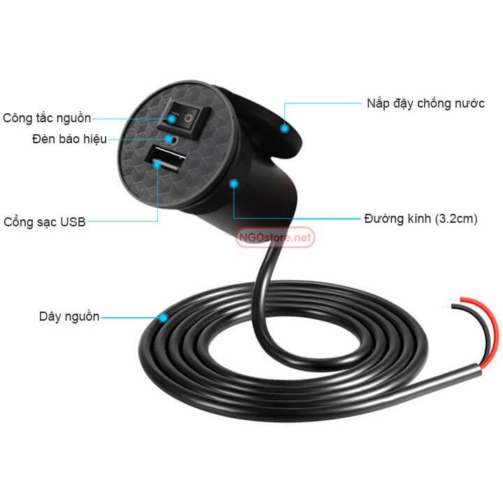 Sạc Điện Thoại Trên Xe Máy 2.1A Có Công Tắc.